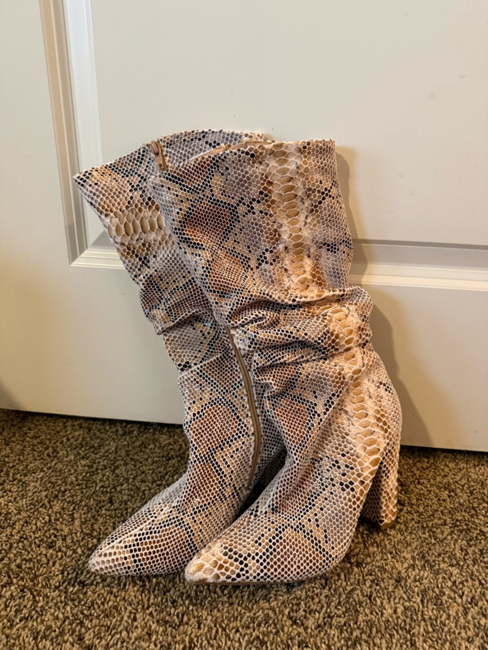 Women’s Snake-Print Slouch Heel Boots in Beige